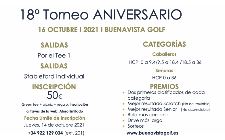 18º TORNEO ANIVERSARIO 16 OCTUBRE  2021  BUENAVISTA GOLF